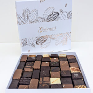 Coffret de chocolats cabosses carré blanc et or